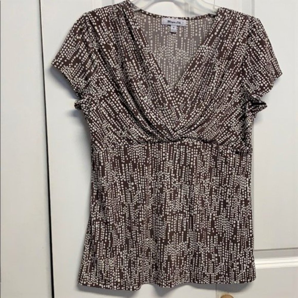 Morgan City Brown White Block Print V Neck Short Sleeve Boxy Top Size M